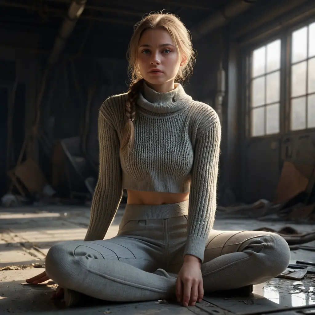 A young cosmonaut stands alone in a ruined futuristic hangar