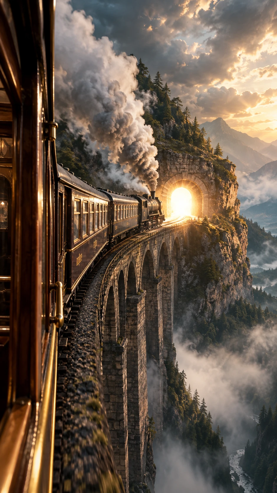 Inside a steam train crossing a stone viaduct above a mountain valley