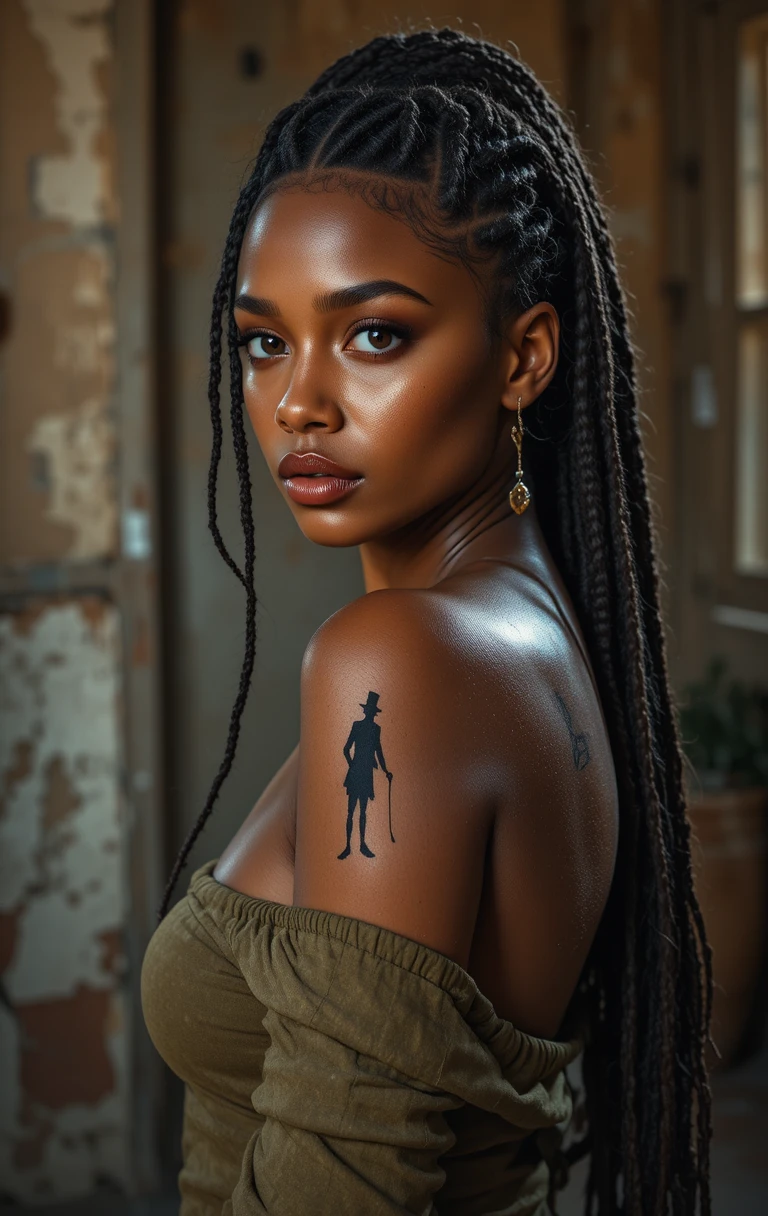 Mulher com tatuagem no ombro olha para trás em um retrato editorial acolhedor