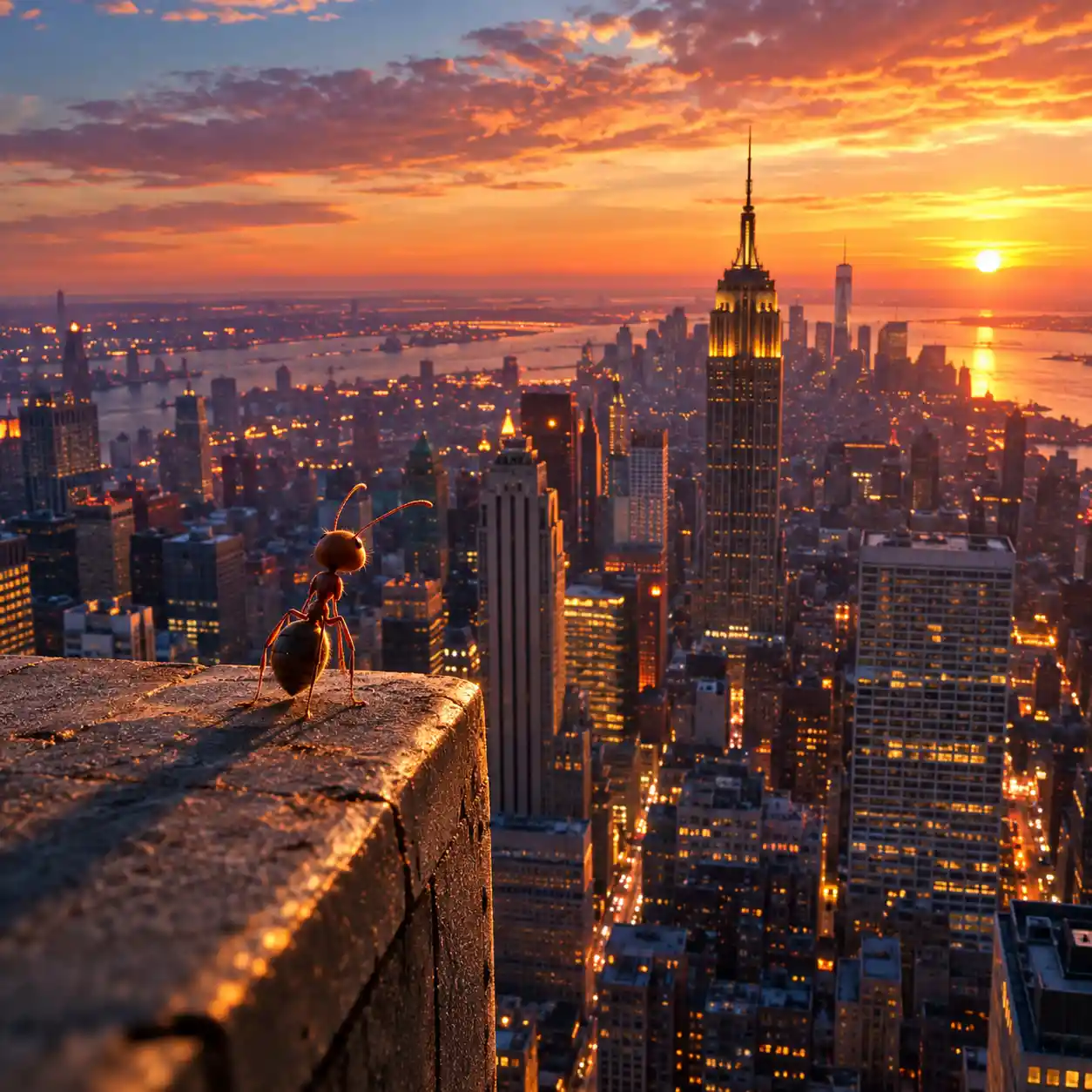A Tiny Ant Gazes Over Manhattan From a Skyscraper Rooftop at Sunset