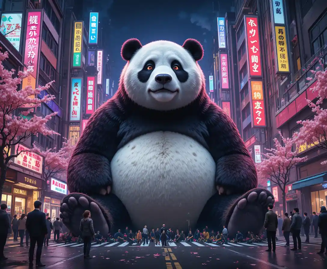 A giant panda sits peacefully on a neon-lit Tokyo street