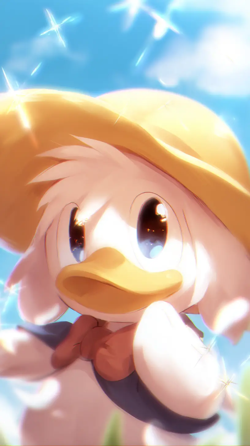 A benevolent duck wearing a yellow hat with a hypnotic gaze