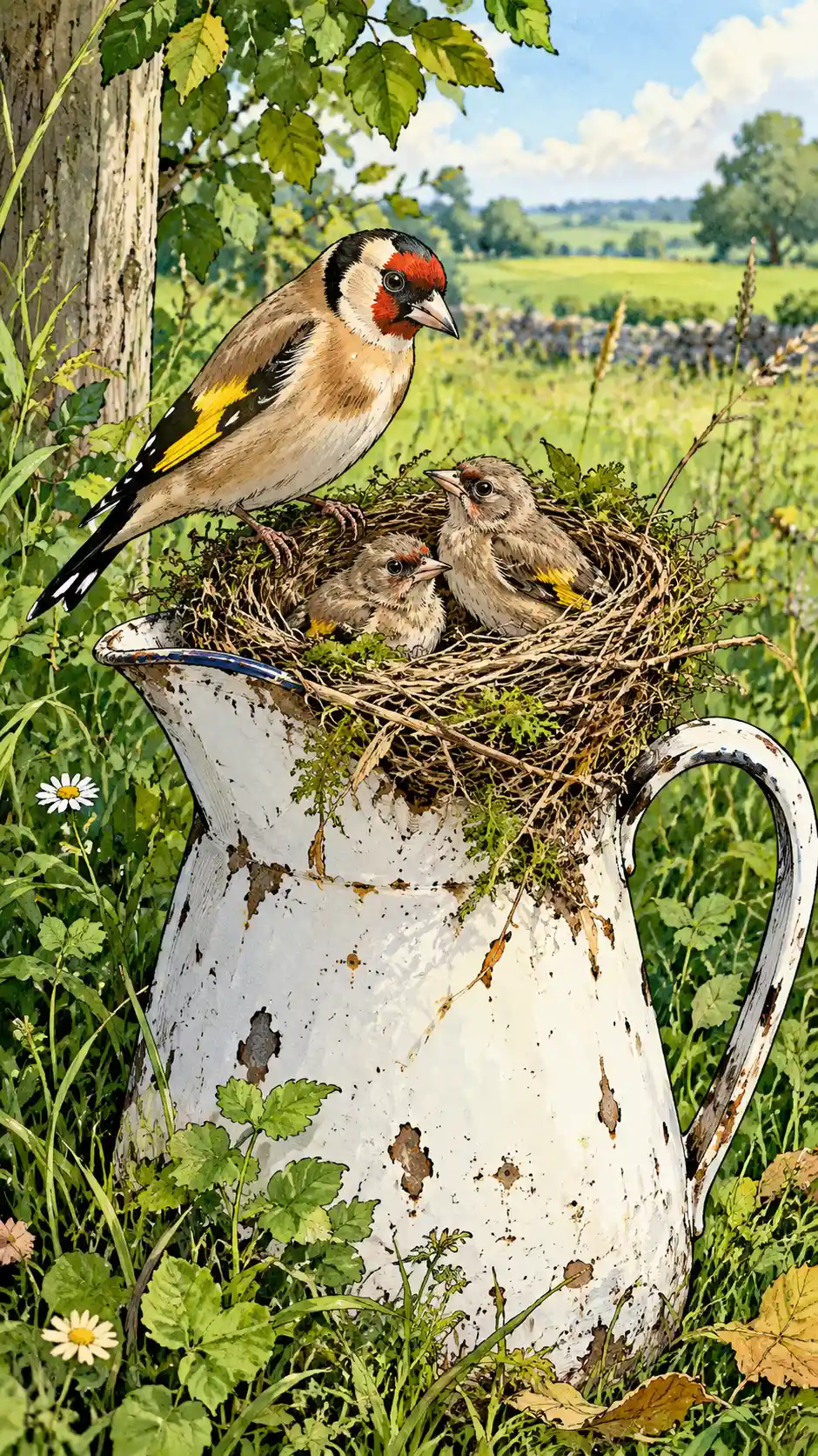 A red-breasted goldfinch watches over chicks in a nest on an old milk jug