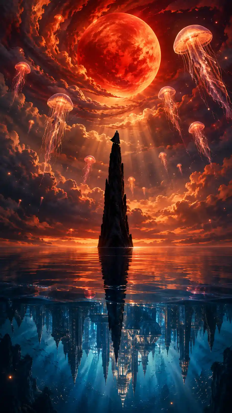A solitary figure stands atop a slender spire above the ocean