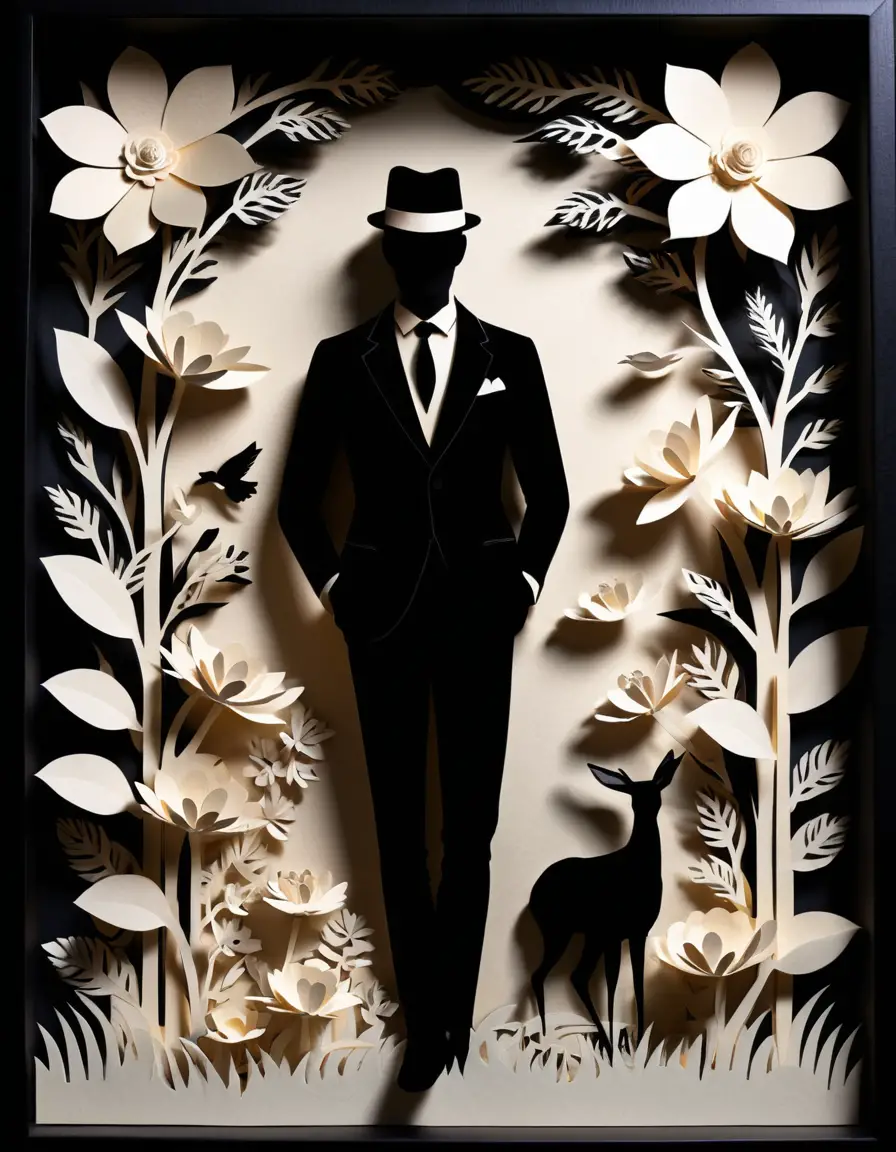 A Dapper Man Surrounded by Flowers in a Layered Papercut Shadow Box