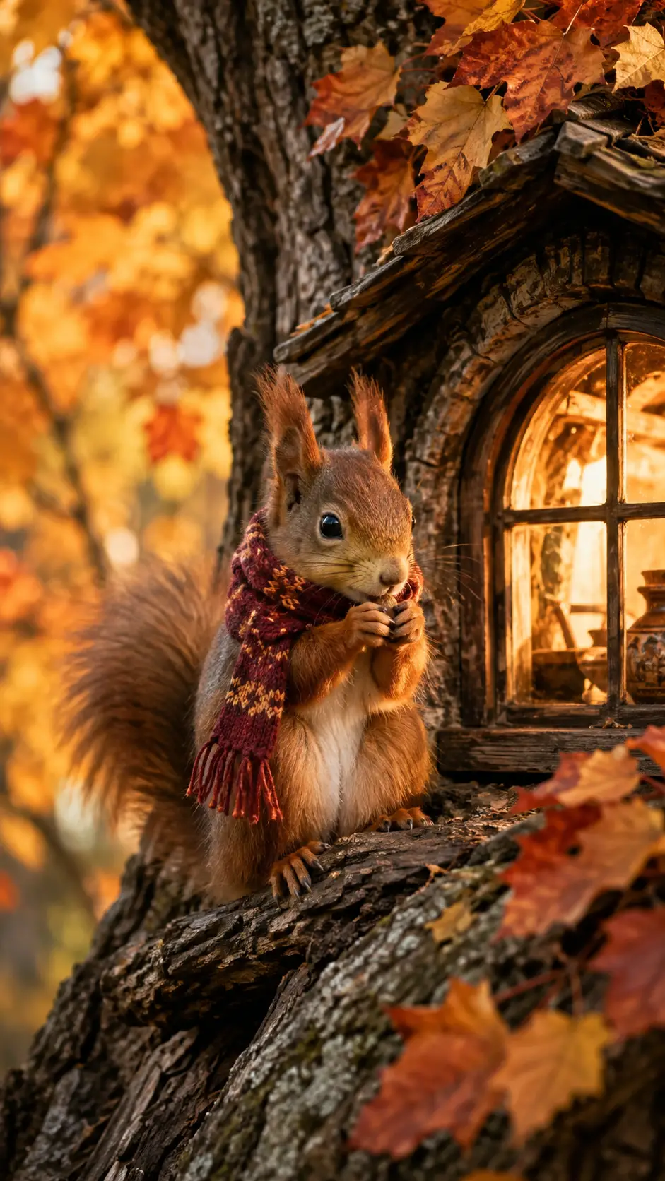 A Squirrel in a Scarf Among Autumn Leaves by a Tree Trunk