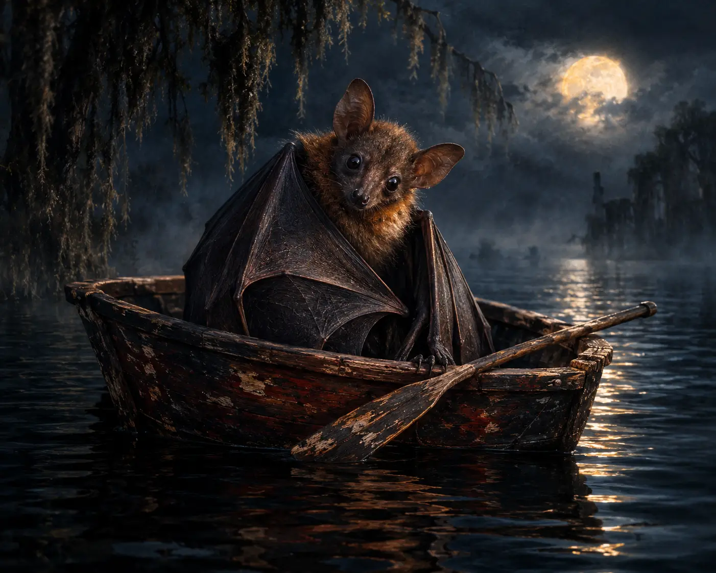 A Fruit Bat Perches in an Antique Rowboat on a Moonlit Lake