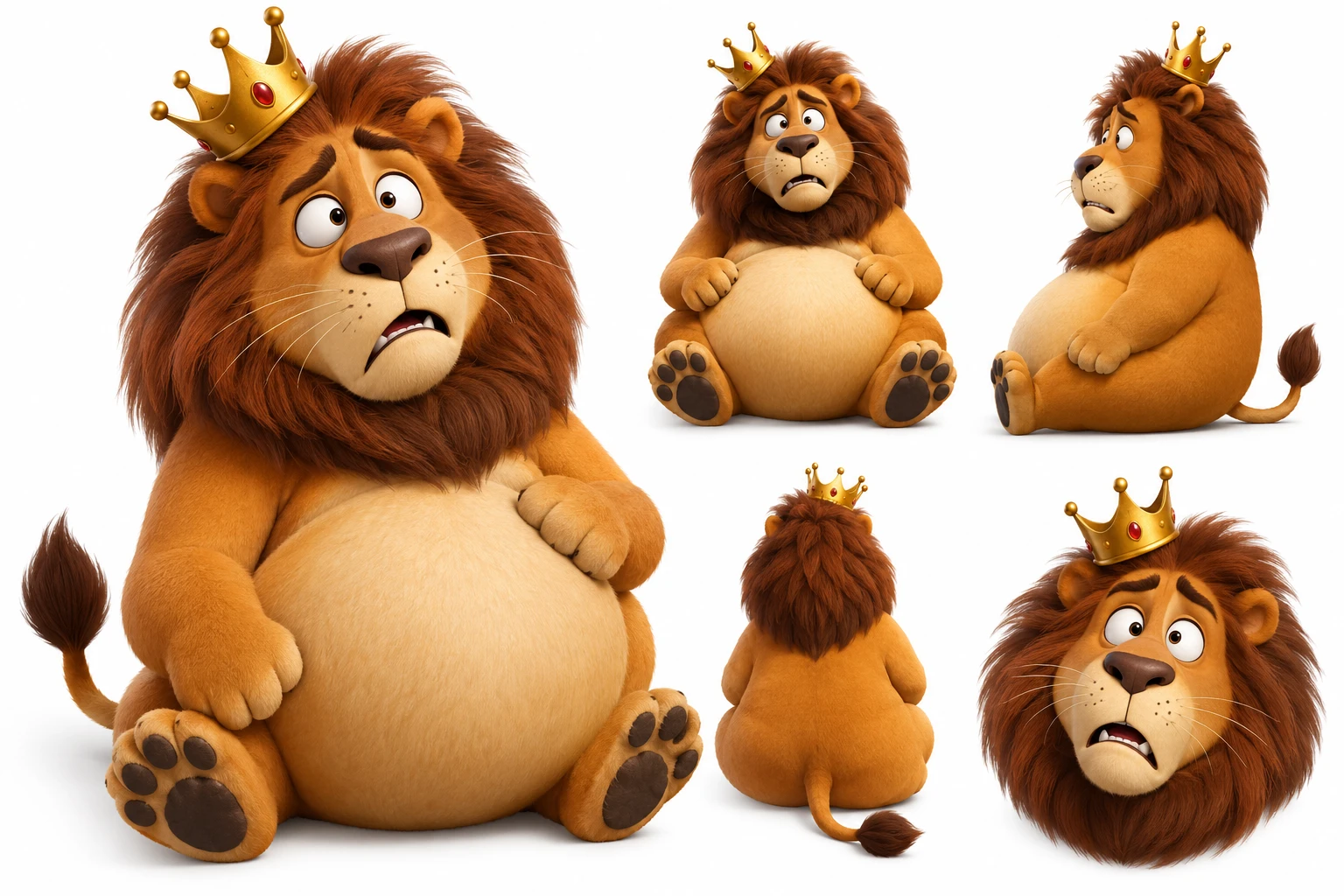 A crowned, round-bellied lion sits with a startled, confused expression