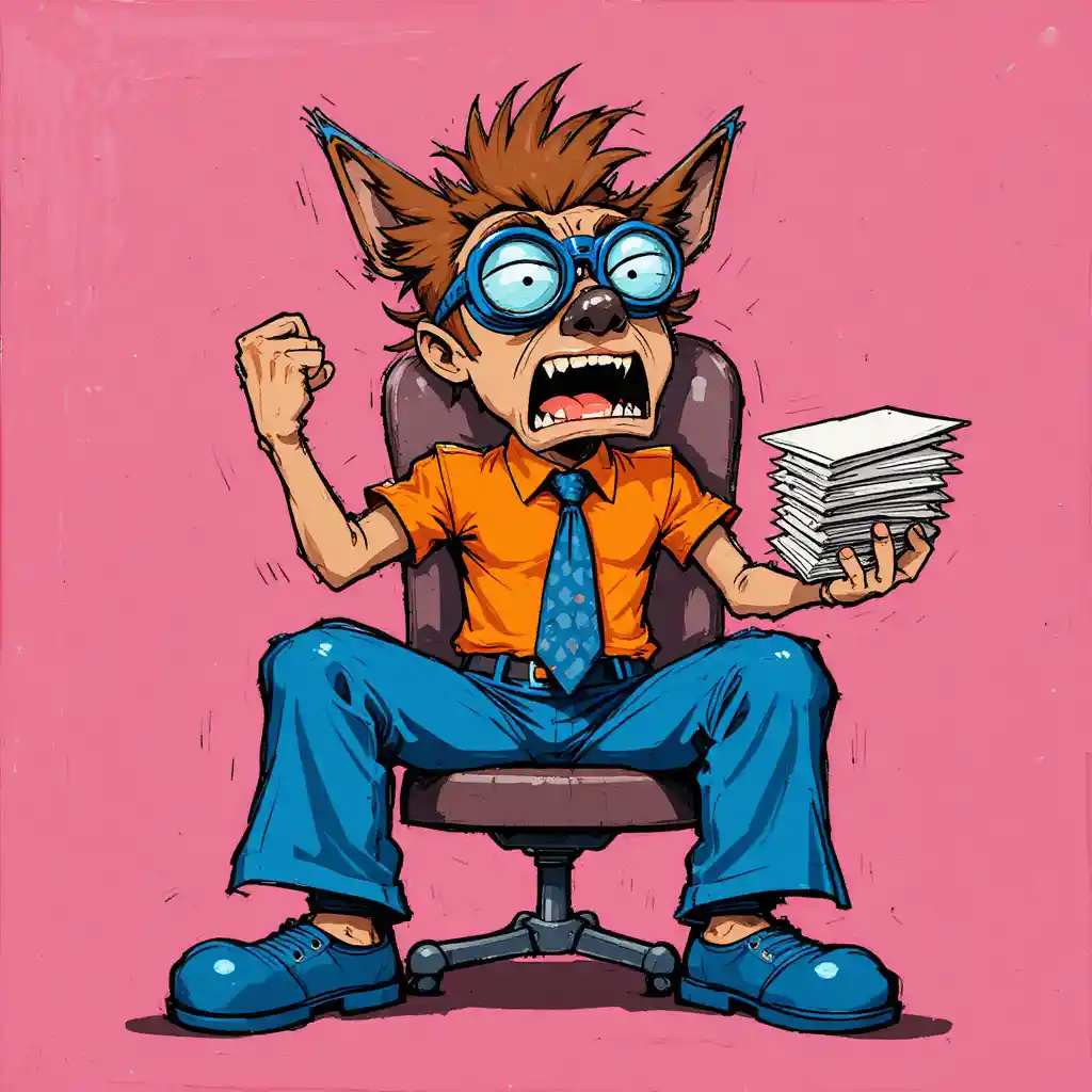 Frustrated dog character shouts from an office chair