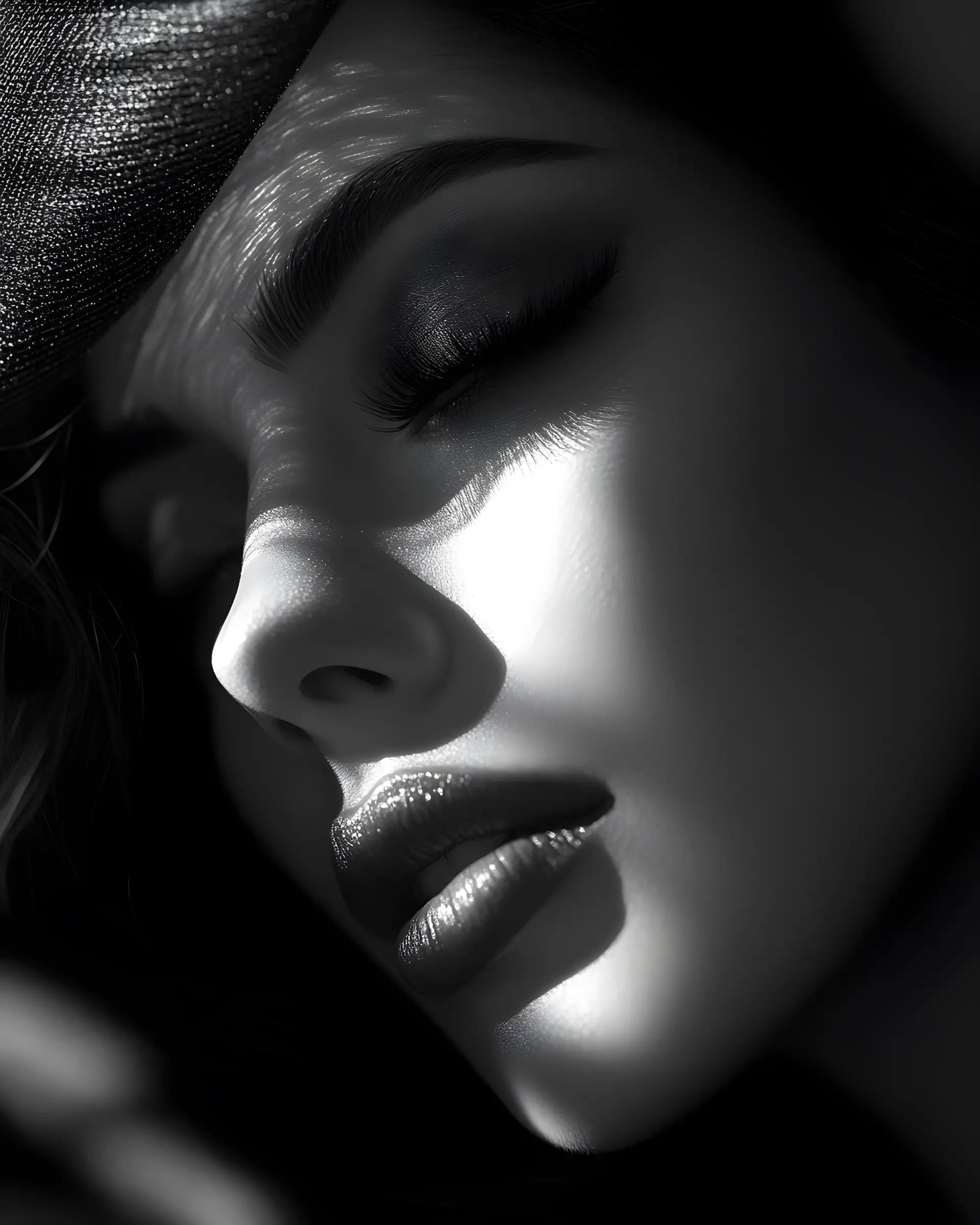 A black and white portrait of a woman in dramatic studio light