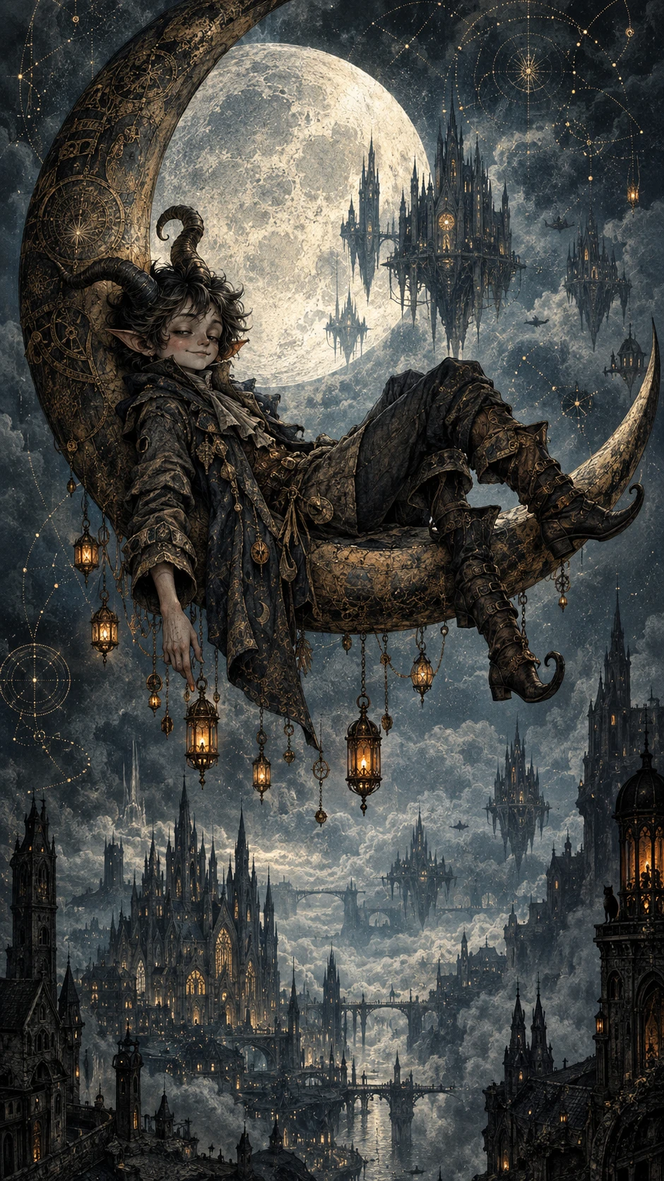 A horned fae lounges upon a crescent relic above a gothic city