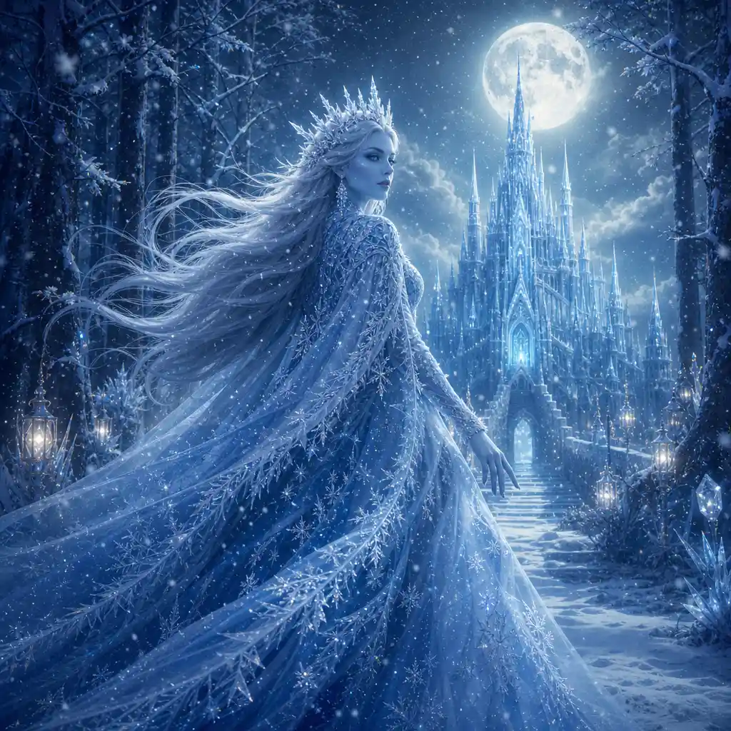A snow queen with silver hair glides through a moonlit forest