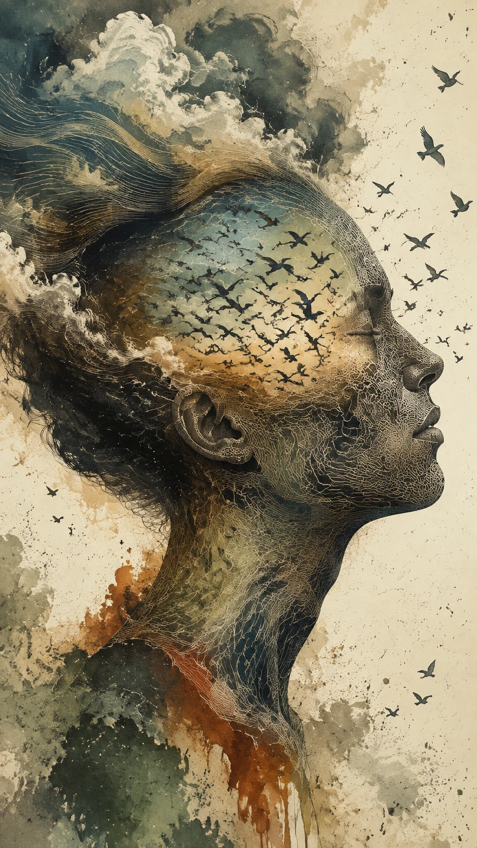 A transparent skull reveals birds within a surreal portrait