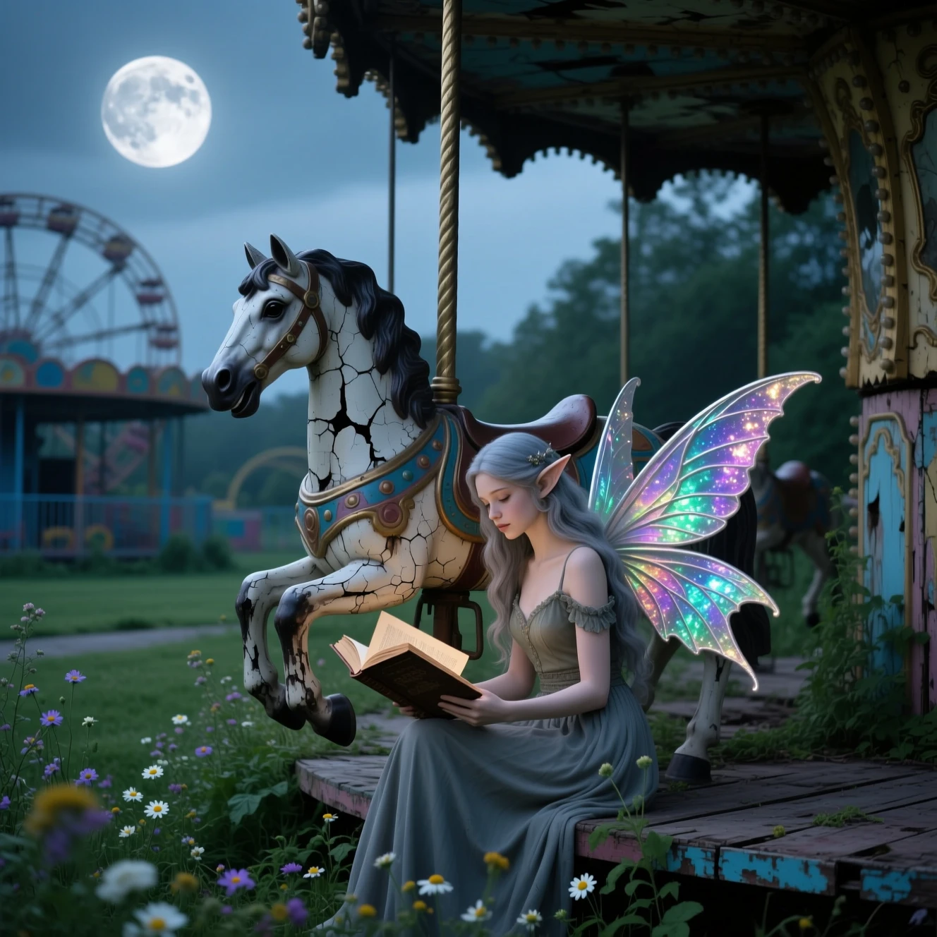 A pixie reads beneath moonlight beside an abandoned carousel horse
