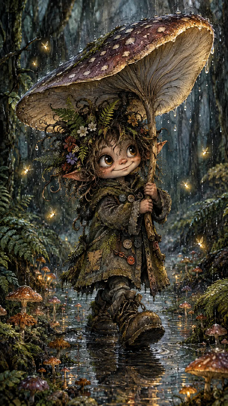 A Woodland Imp Walks Through Rain Beneath a Mushroom Cap Umbrella