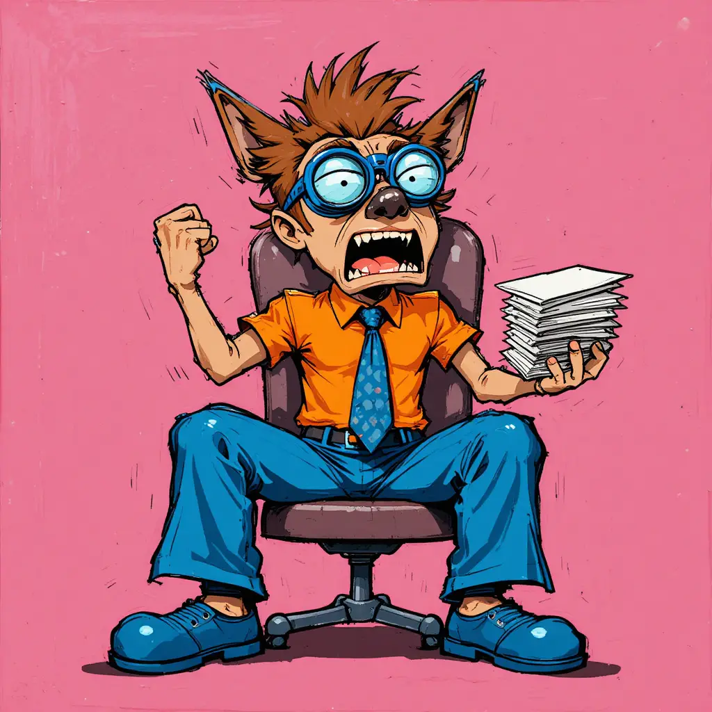 Frustrated dog character shouts from an office chair