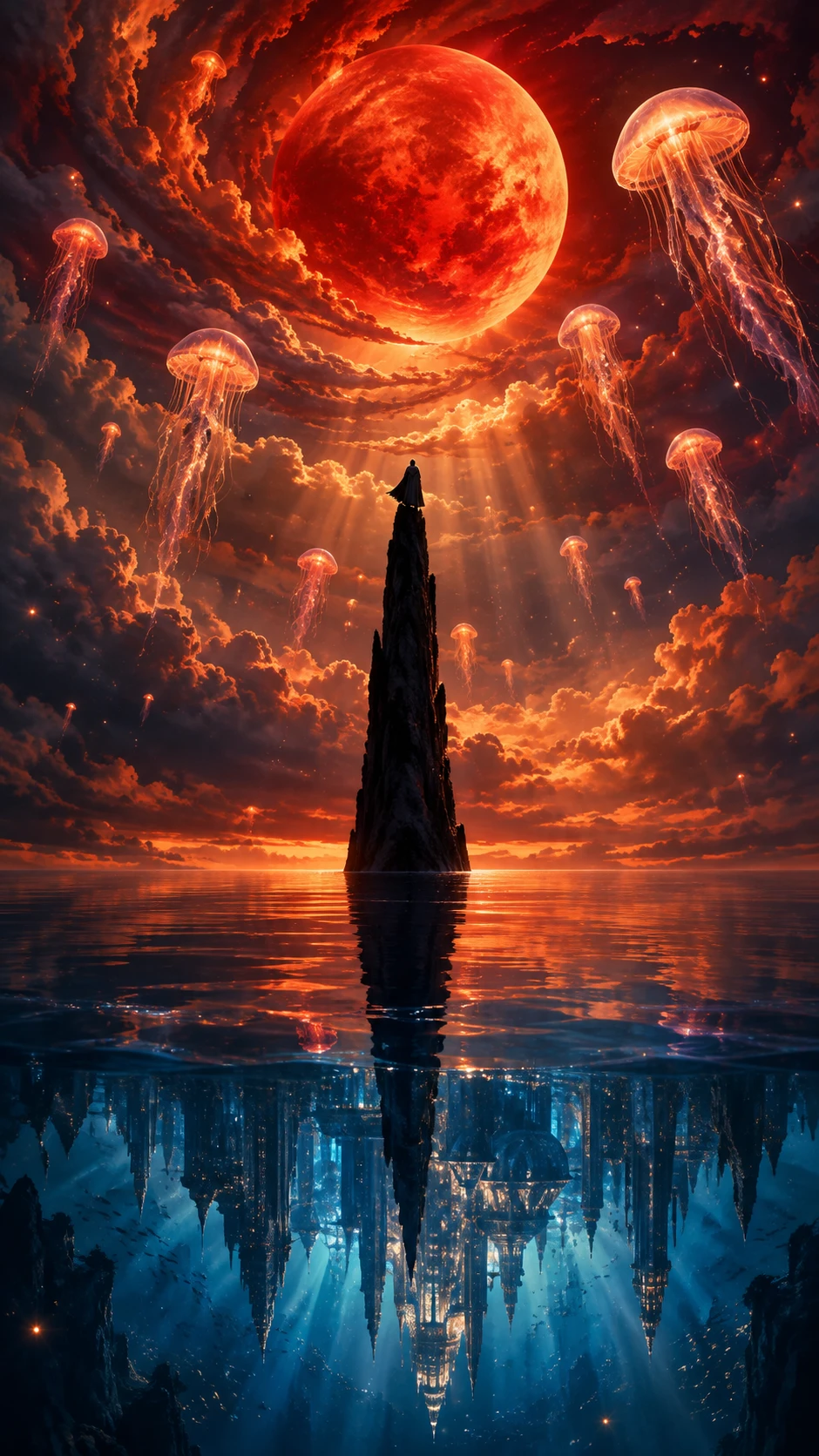 A solitary figure stands atop a slender spire above the ocean