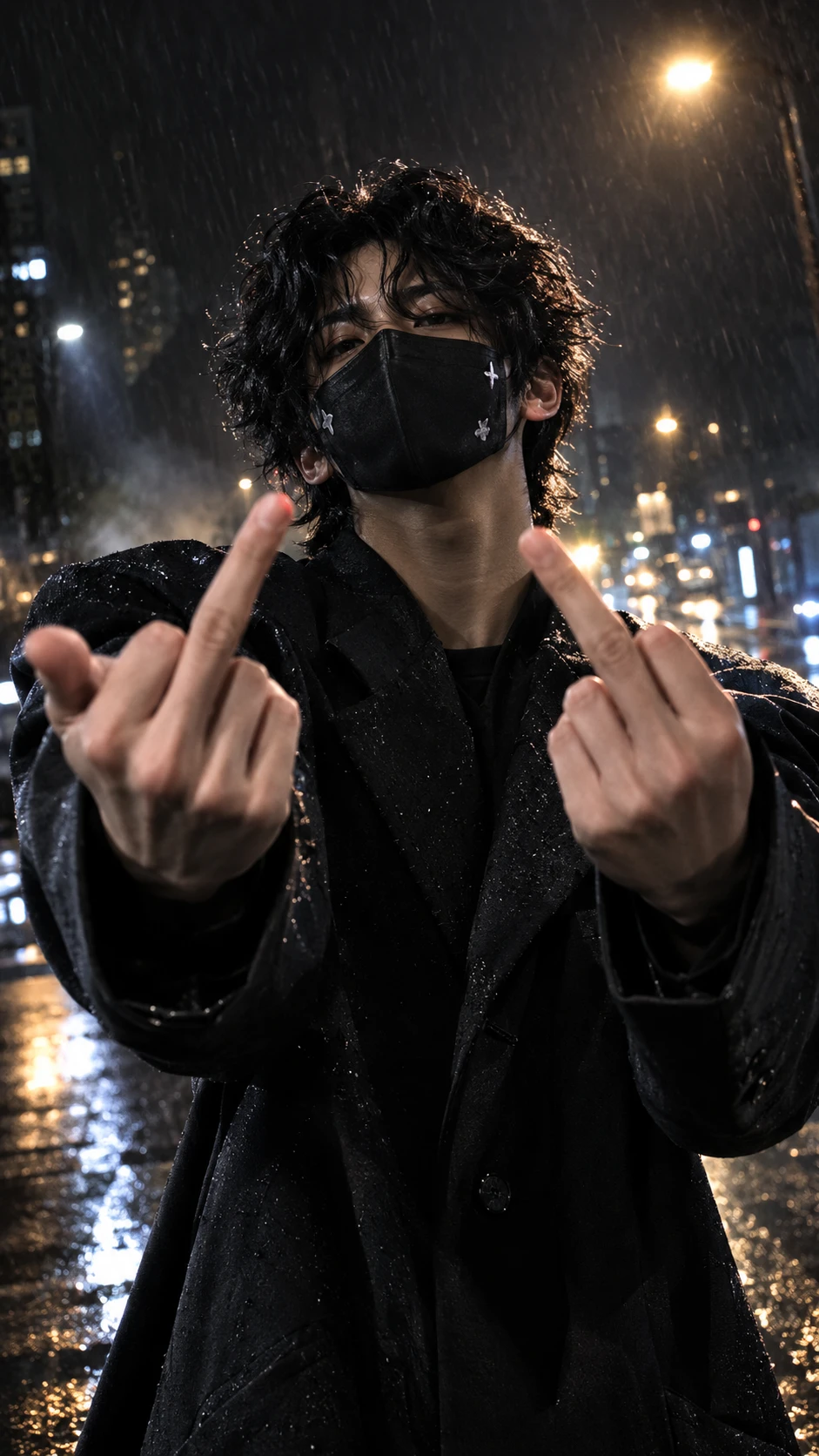 A masked man raises both middle fingers on a rainy city street at night