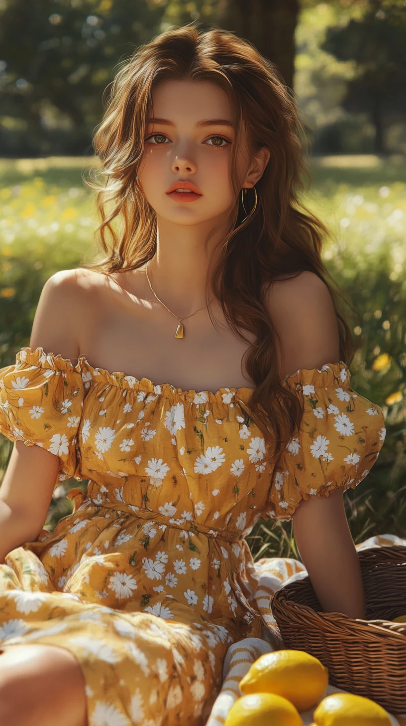 A young woman sits in a daisy sundress in a sunlit meadow