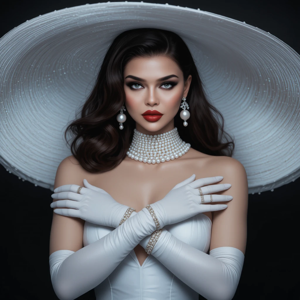 A glamorous woman in a wide brimmed hat and pearl jewelry