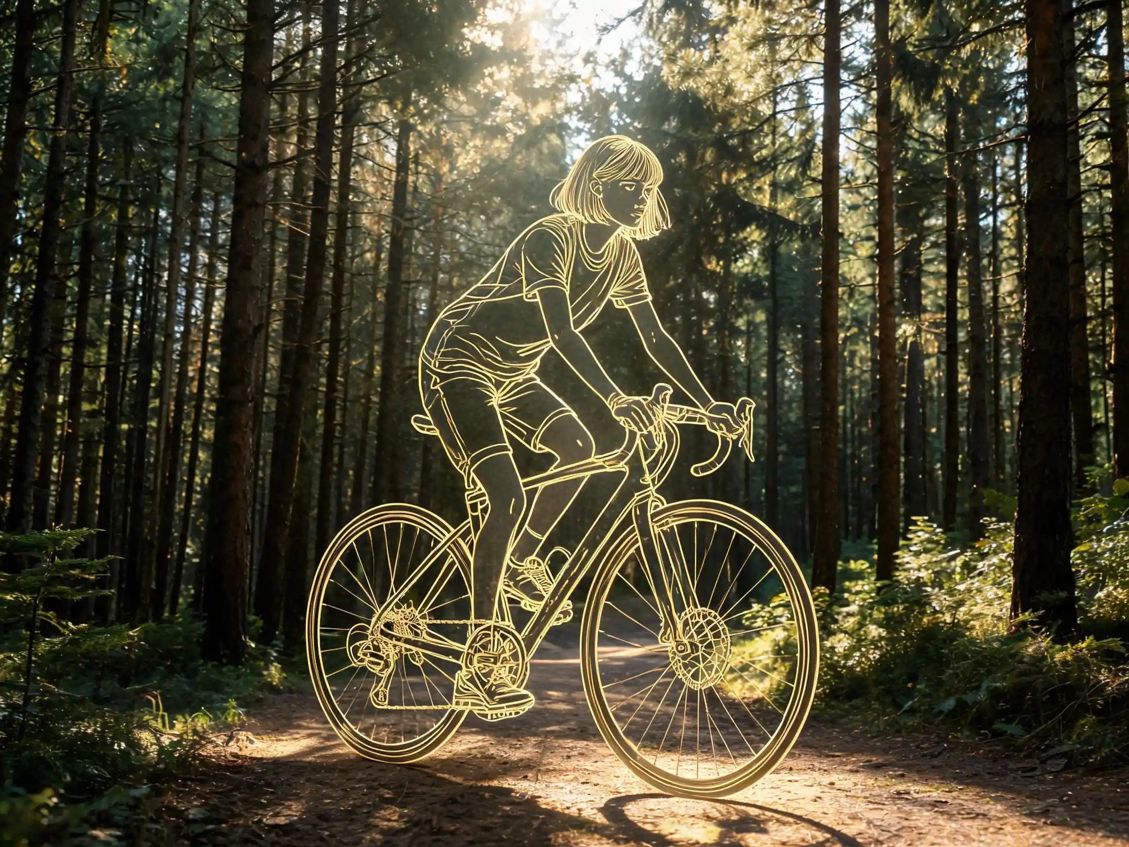 A girl rides along a forest path beneath sunlit evergreen trees