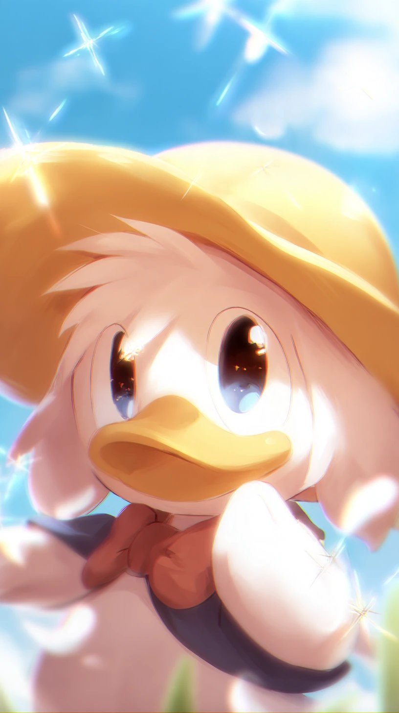 A benevolent duck wearing a yellow hat with a hypnotic gaze