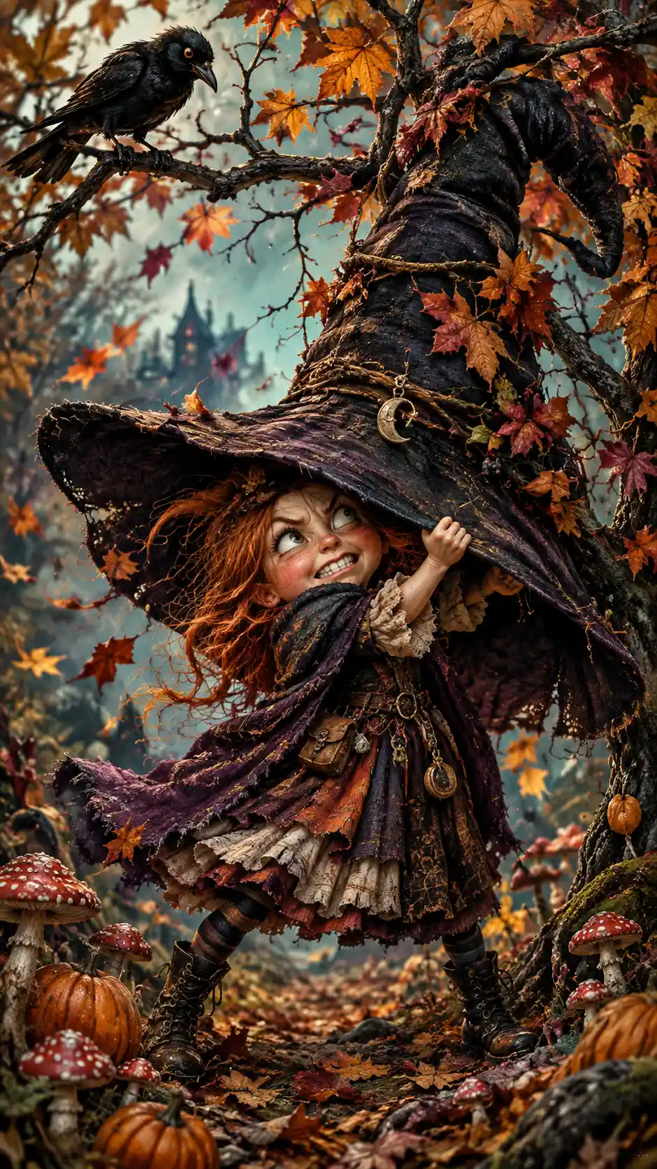 Una minuscola strega del bosco lotta con il suo enorme cappello storto tra i rami autunnali