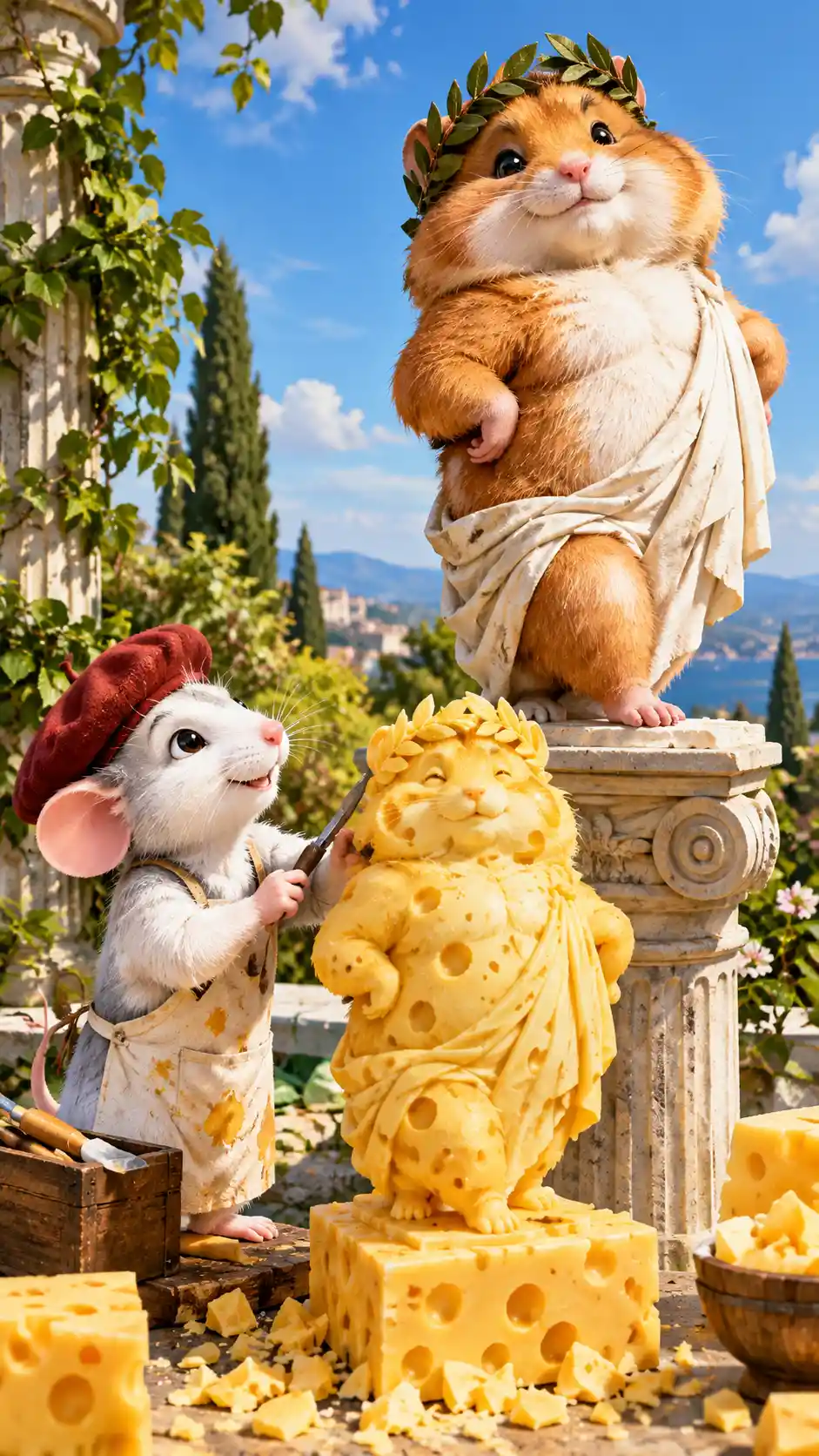 A laurel-crowned hamster poses like a Greek statue