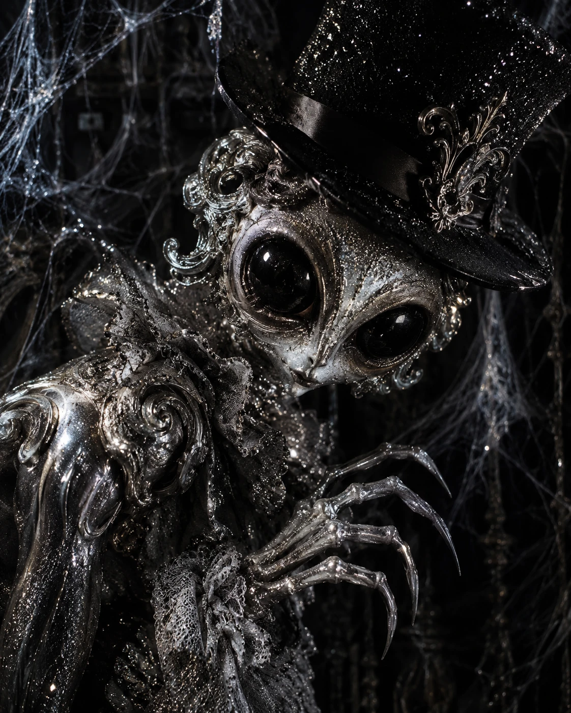 Uma criatura de terror rococó com grandes olhos pretos e uma cartola preta