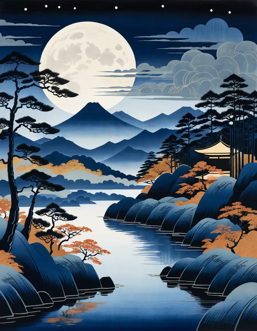 Ukiyo-e moonlit mountain landscape beneath drifting autumn clouds
