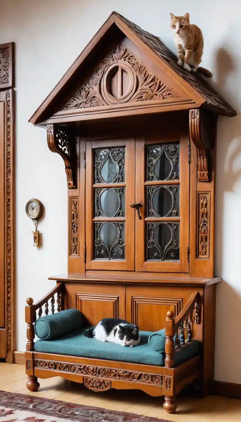 A cat rests on a small sofa in a Russian wooden entryway