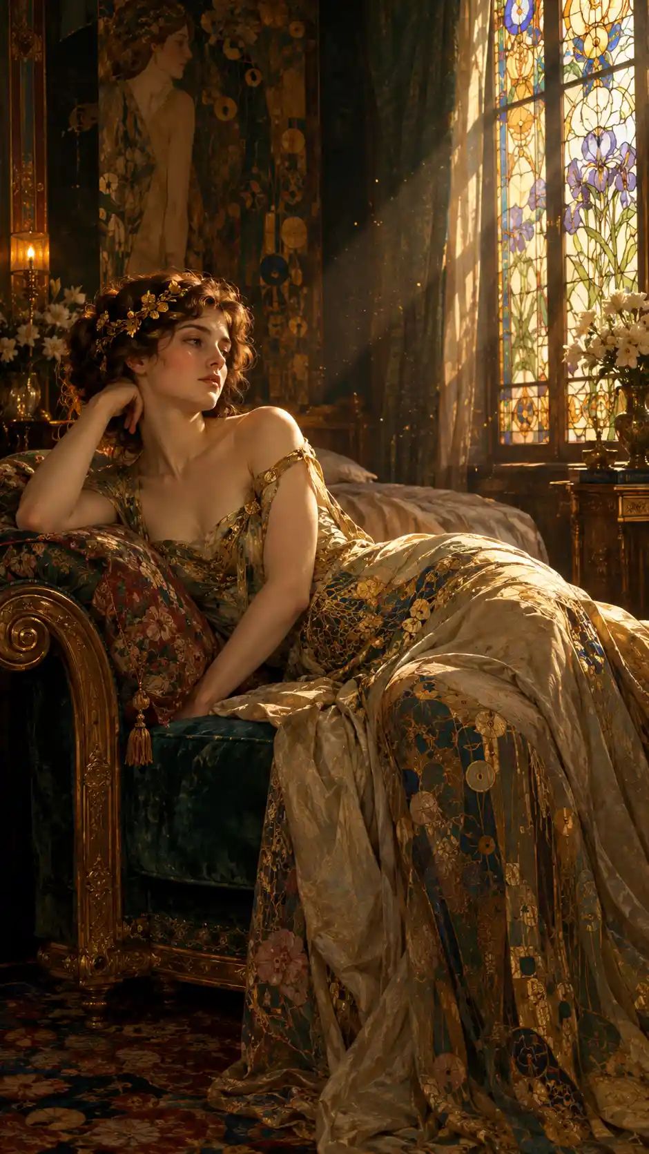 A Woman Reclines in an Art Nouveau Gown Beside Stained Glass