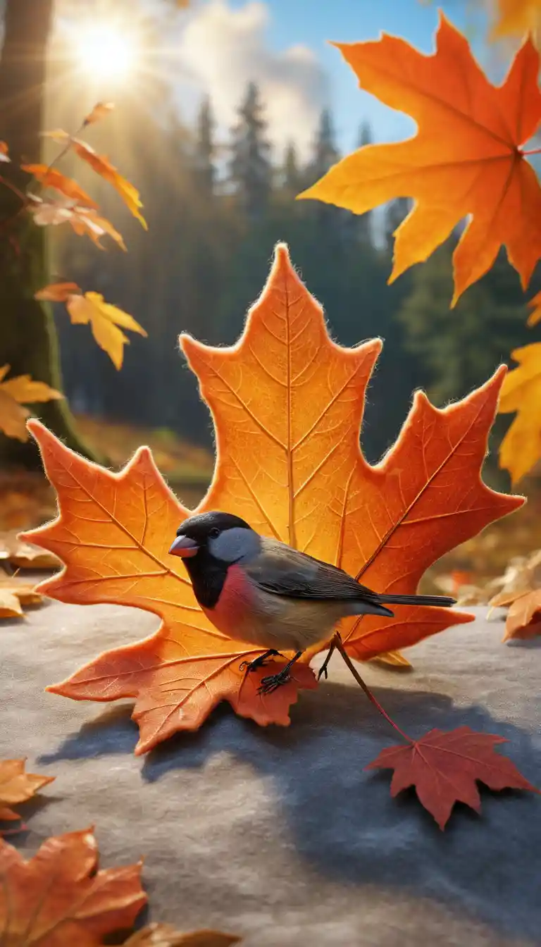 An autumn microcosm unfolds across a maple leaf resting on a textured surface
