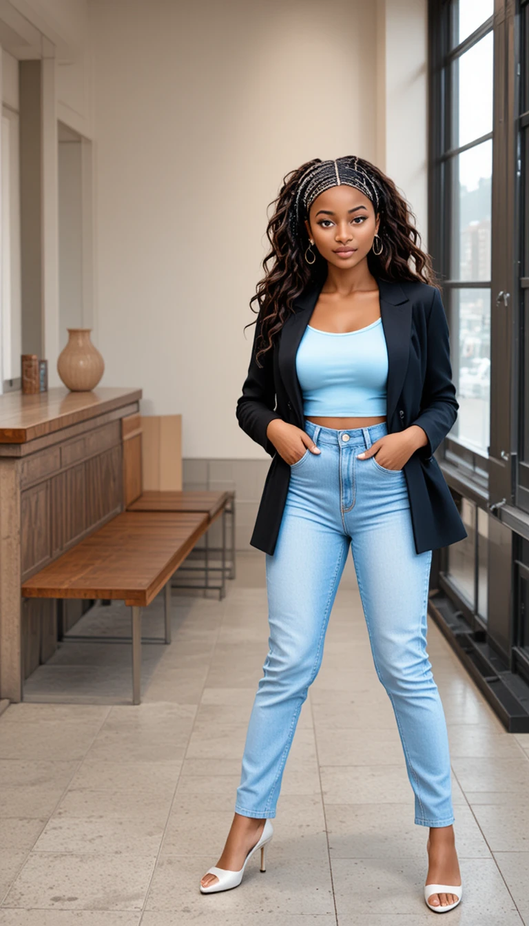 A Confident Woman Stands in Denim and a Black Blazer Indoors