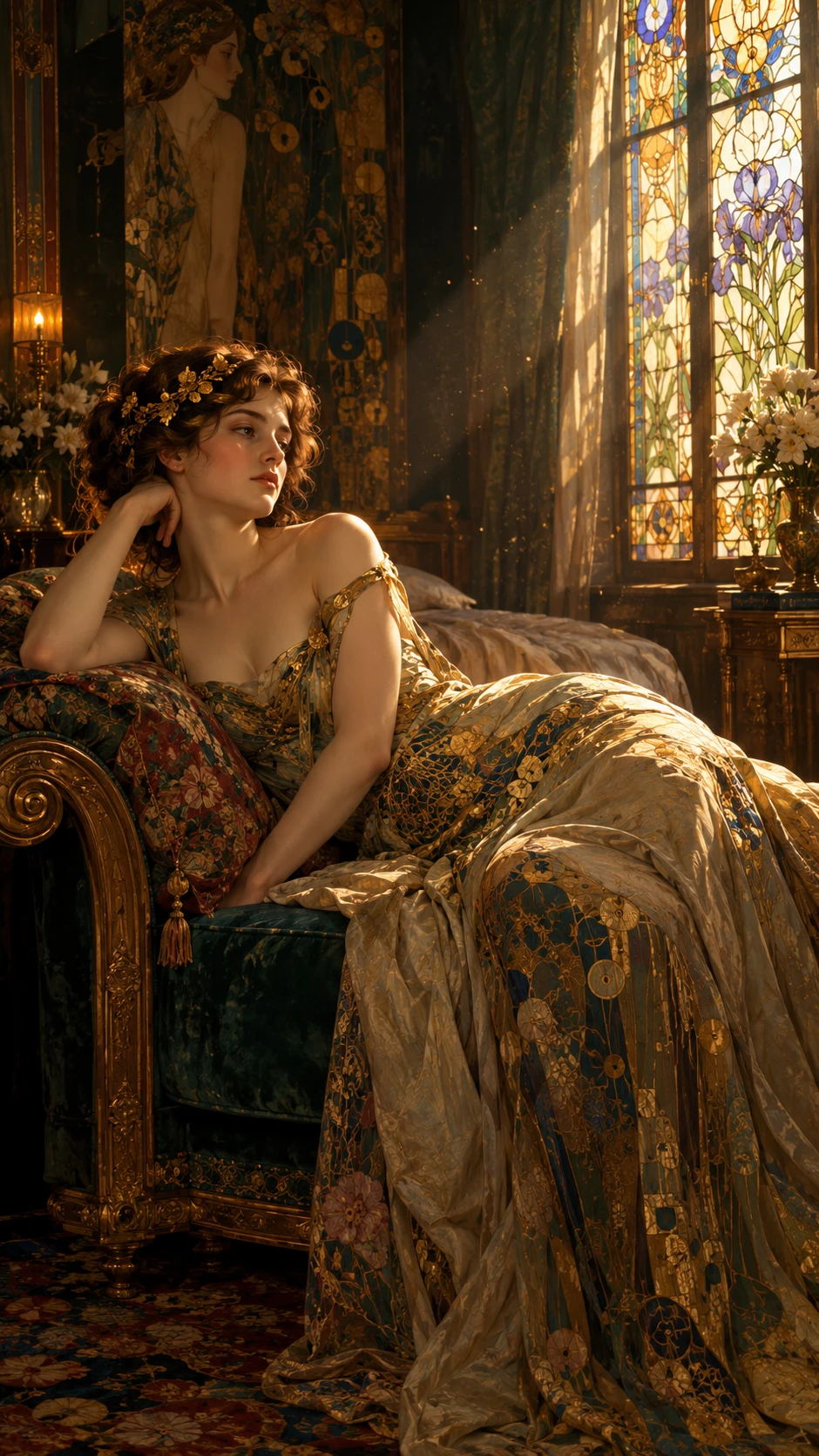 A Woman Reclines in an Art Nouveau Gown Beside Stained Glass
