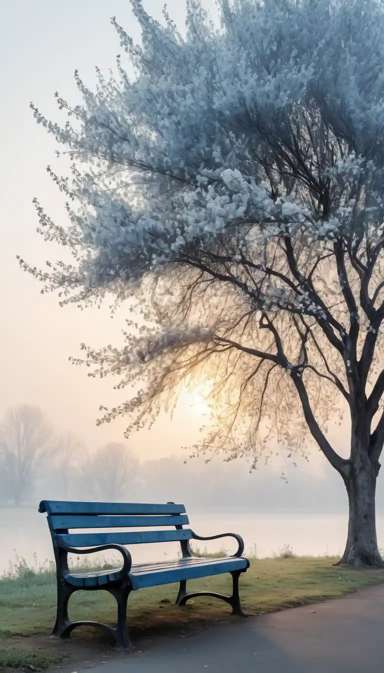 A park bench beneath acacia blossoms in a foggy sunset