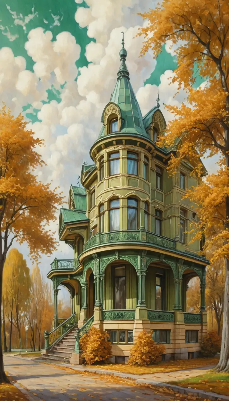 Art nouveau architecture surrounded by autumn trees and clouds