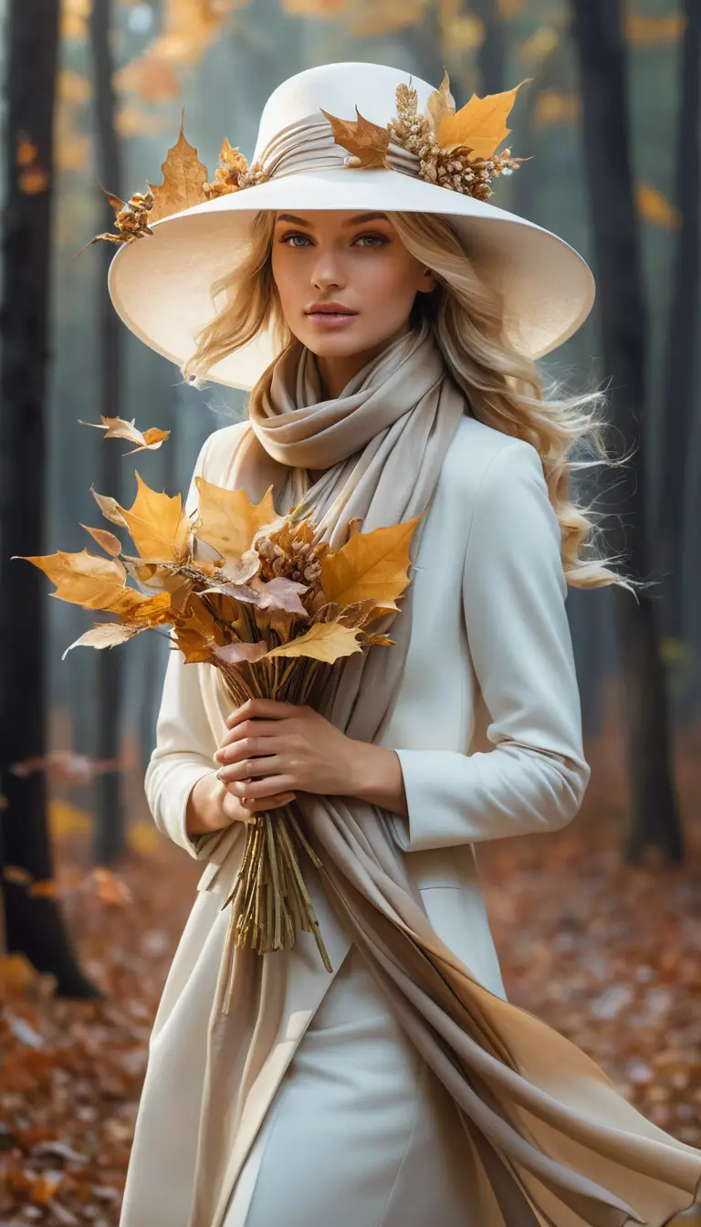 A blonde woman in a white hat holds a bouquet of autumn leaves