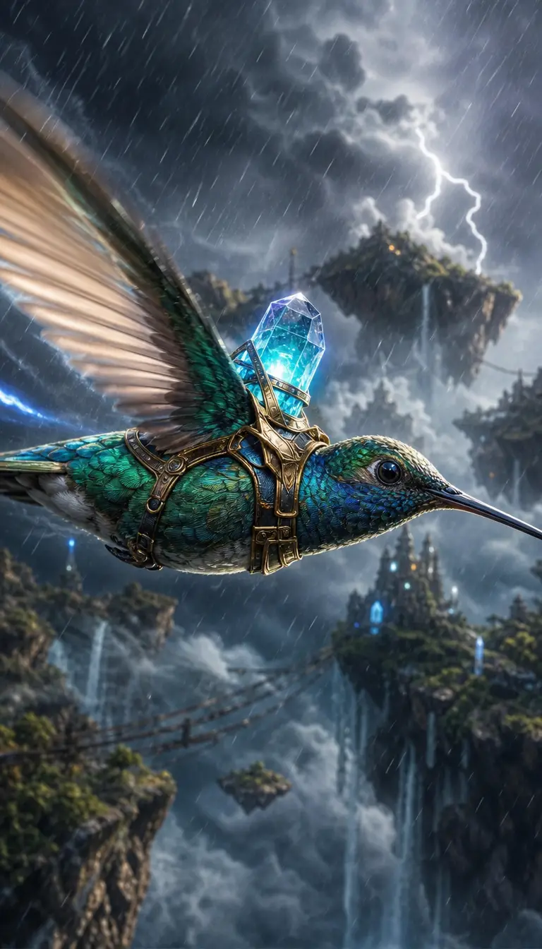 A hummingbird courier races through floating islands in a thunderstorm