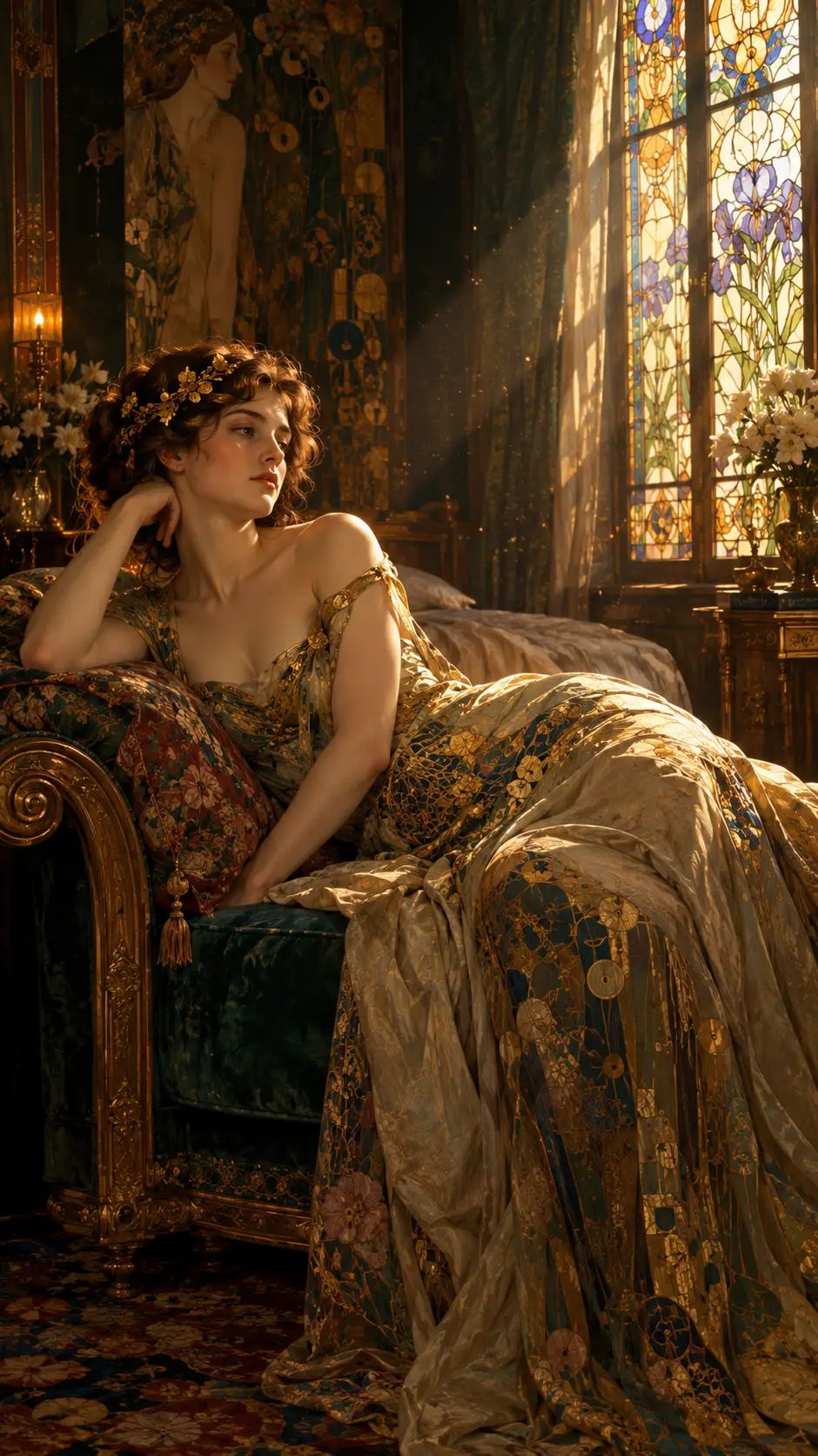 A Woman Reclines in an Art Nouveau Gown Beside Stained Glass