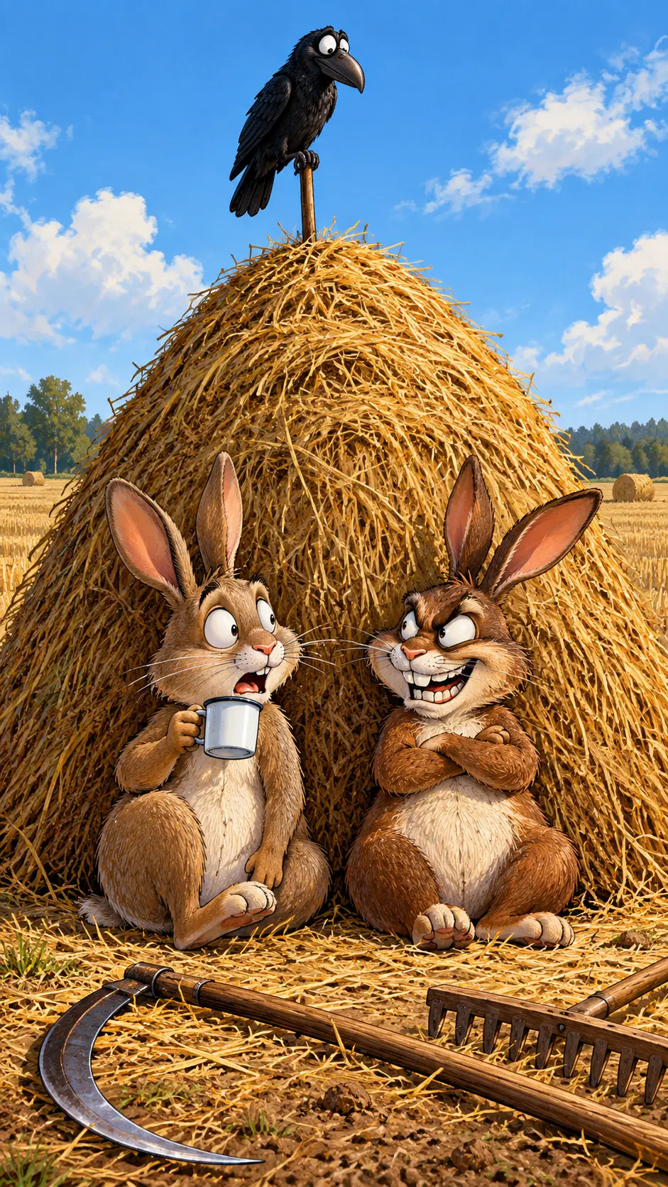Two rabbits sit beside a haystack in a harvested field