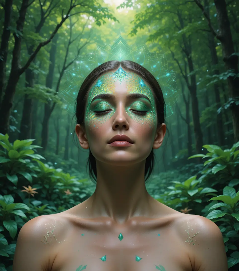 A Yogi Meditates in a Green Forest as Fractal Patterns Unfold