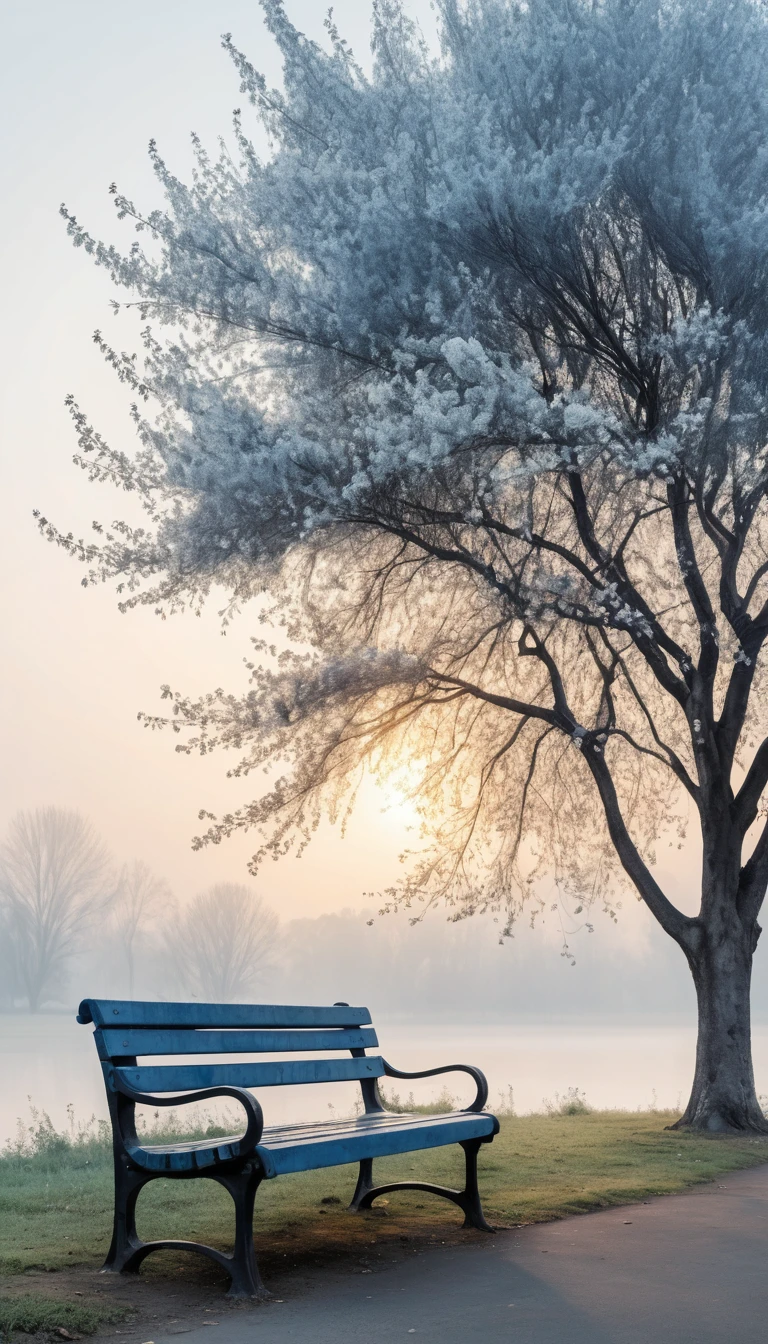 A park bench beneath acacia blossoms in a foggy sunset
