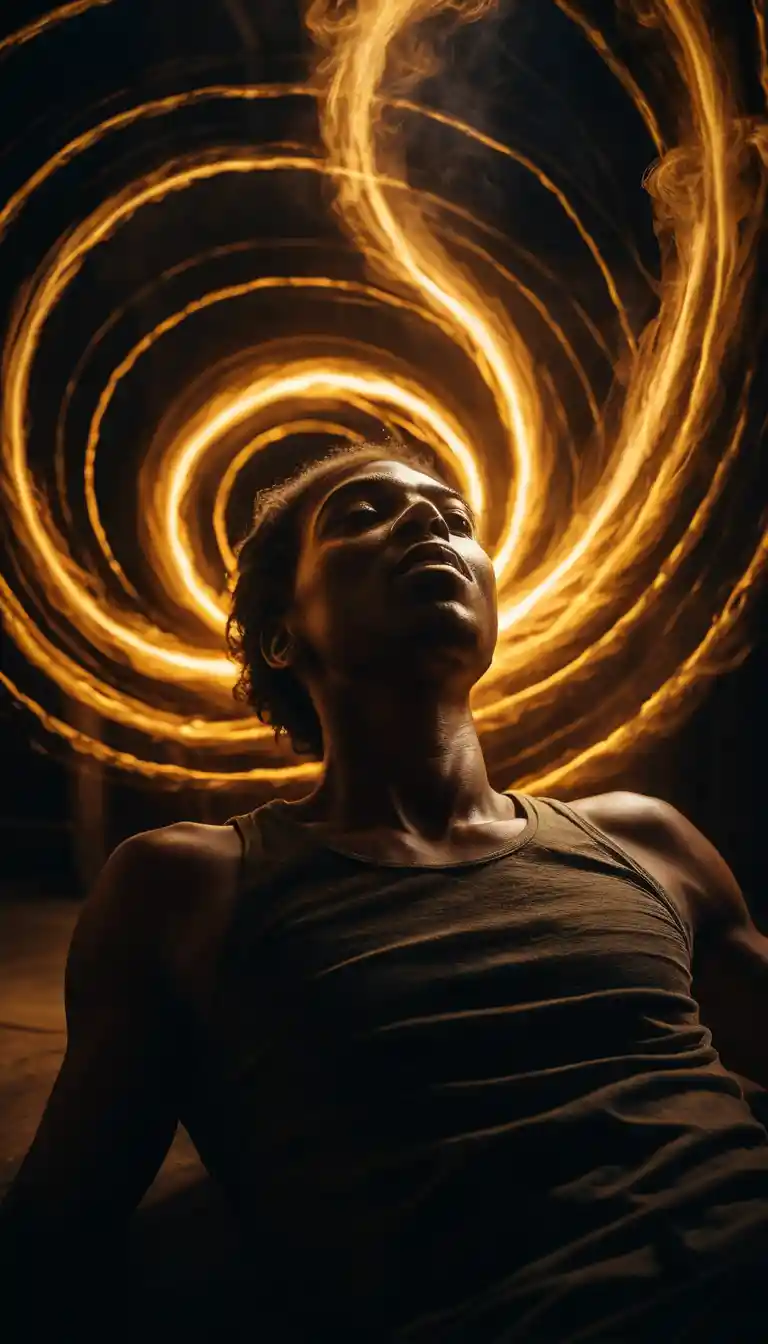 A person lies beneath spiraling golden light rising from their mouth