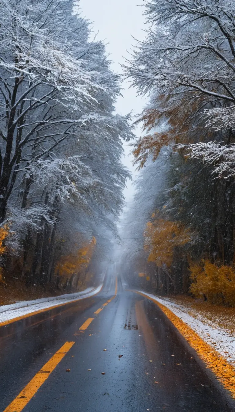 First snow rests on a road and autumn leaves beneath night clouds