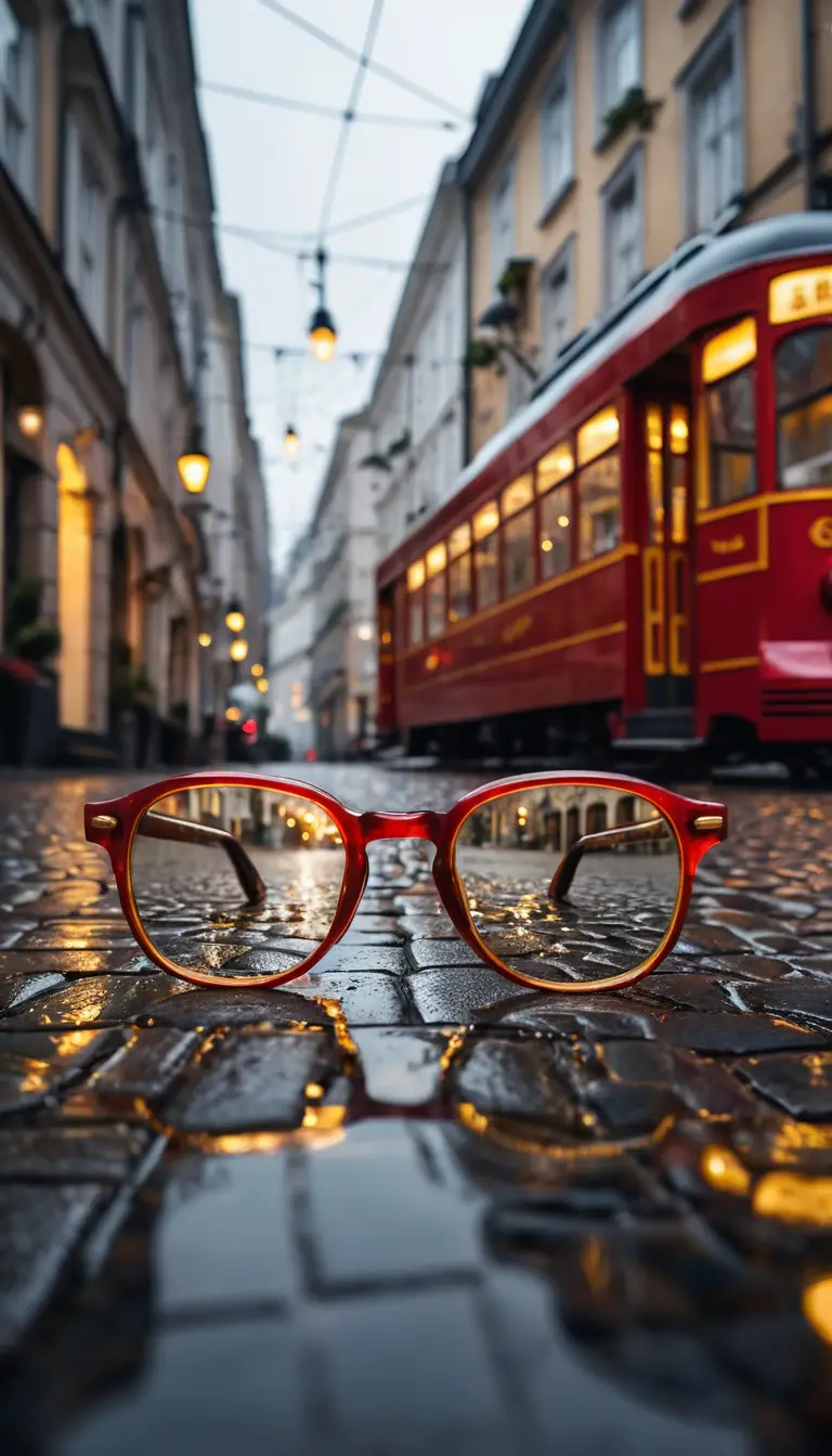 Gold rimmed glasses reflect a red tram across rainy cobblestones