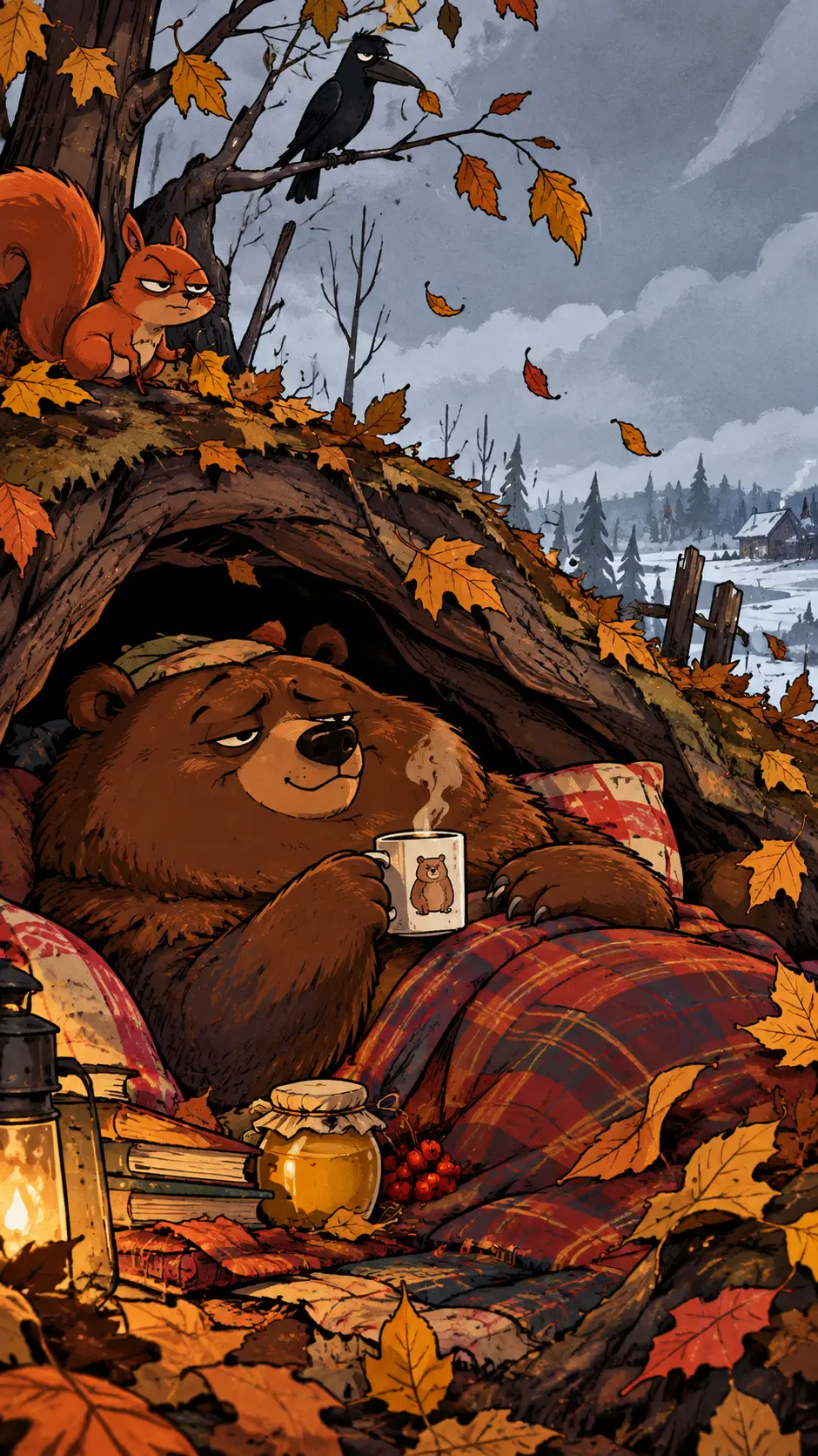 A calm bear settles in for winter as autumn leaves drift down