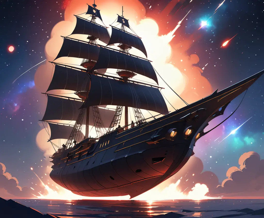 A Galleon-Shaped Spaceship Silhouette Against Stars and an Exploding Nebula