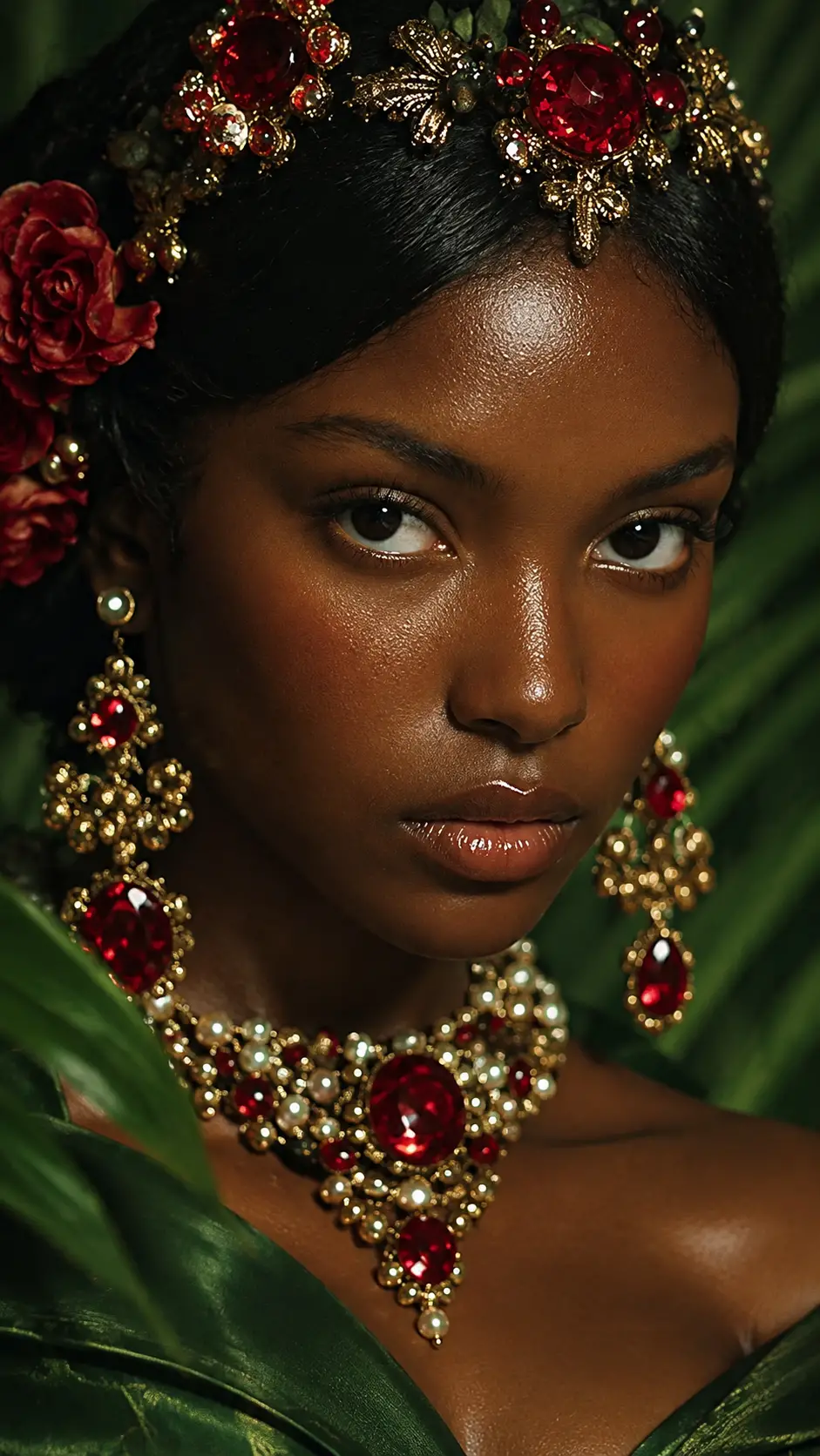 Editorial makeup portrait with Nigerian jewelry and chestnut brown skin