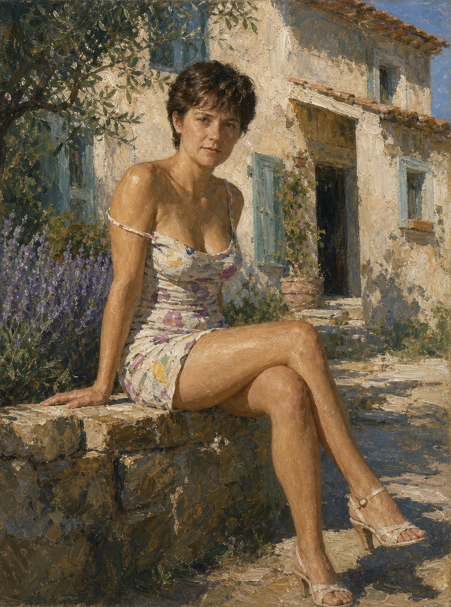 A brunette woman sits before a Provençal farmhouse in a fitted 1980s mini dress